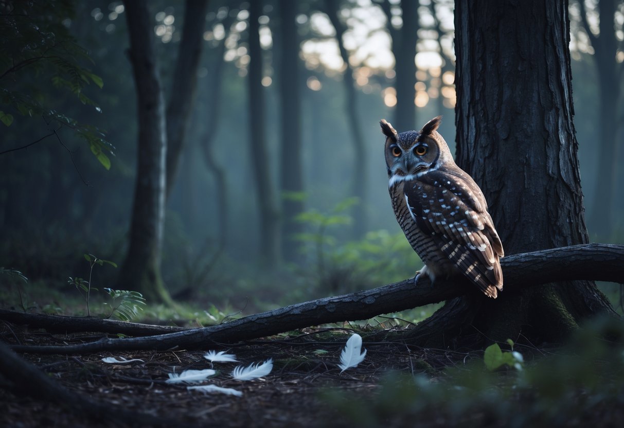 A quiet forest at dusk with an owl perched on a tree branch and signs of its presence like feathers and claw marks nearby.