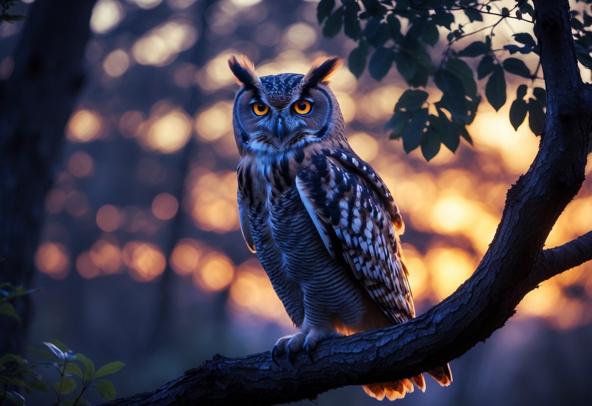 A majestic owl perched on a tree branch in a forest at dusk with glowing eyes and a colorful sunset background.