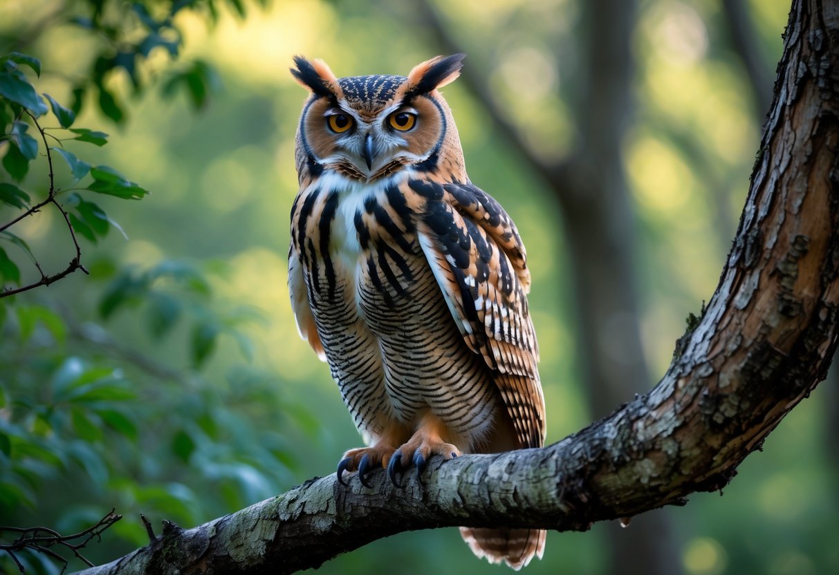 An owl perched on a tree branch surrounded by green foliage in a forest.