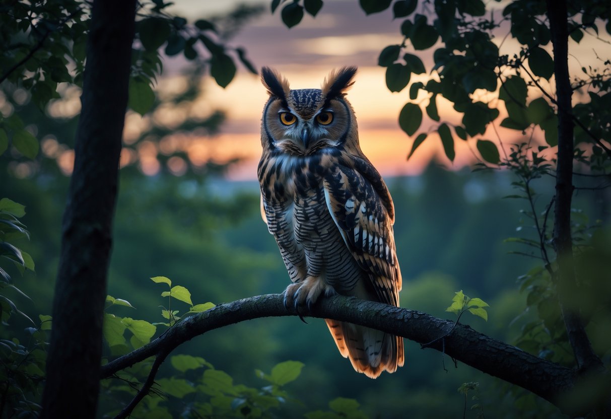An owl perched on a tree branch in a forest at twilight, looking attentively into the distance.