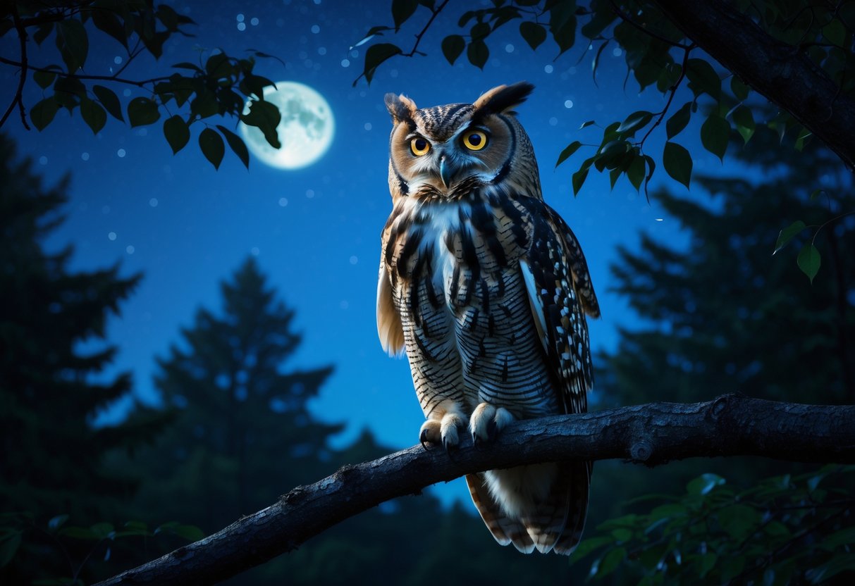 An owl perched on a tree branch at night with its beak open, surrounded by a dark forest under a starry sky.