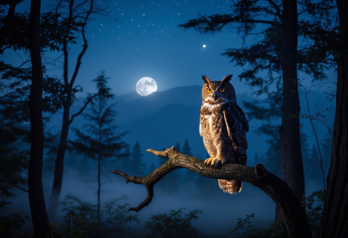 An owl perched on a tree branch at night in a quiet forest with moonlight and stars visible in the sky.