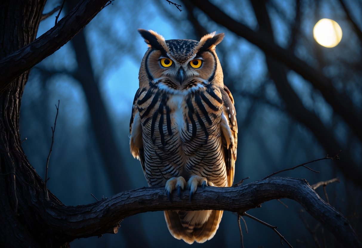 A close-up of an owl perched on a bare tree branch at dusk with glowing yellow eyes and a dark forest background.