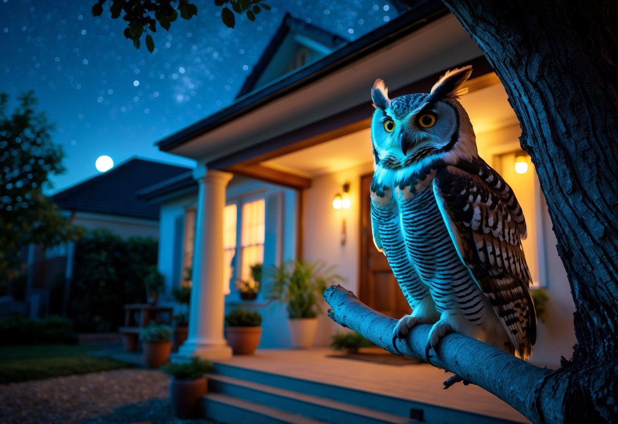 An owl perched on a tree branch near the front porch of a suburban house at night.