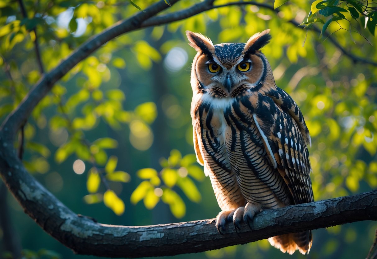 A close-up of an owl perched on a tree branch in a forest, looking directly ahead with intense eyes.