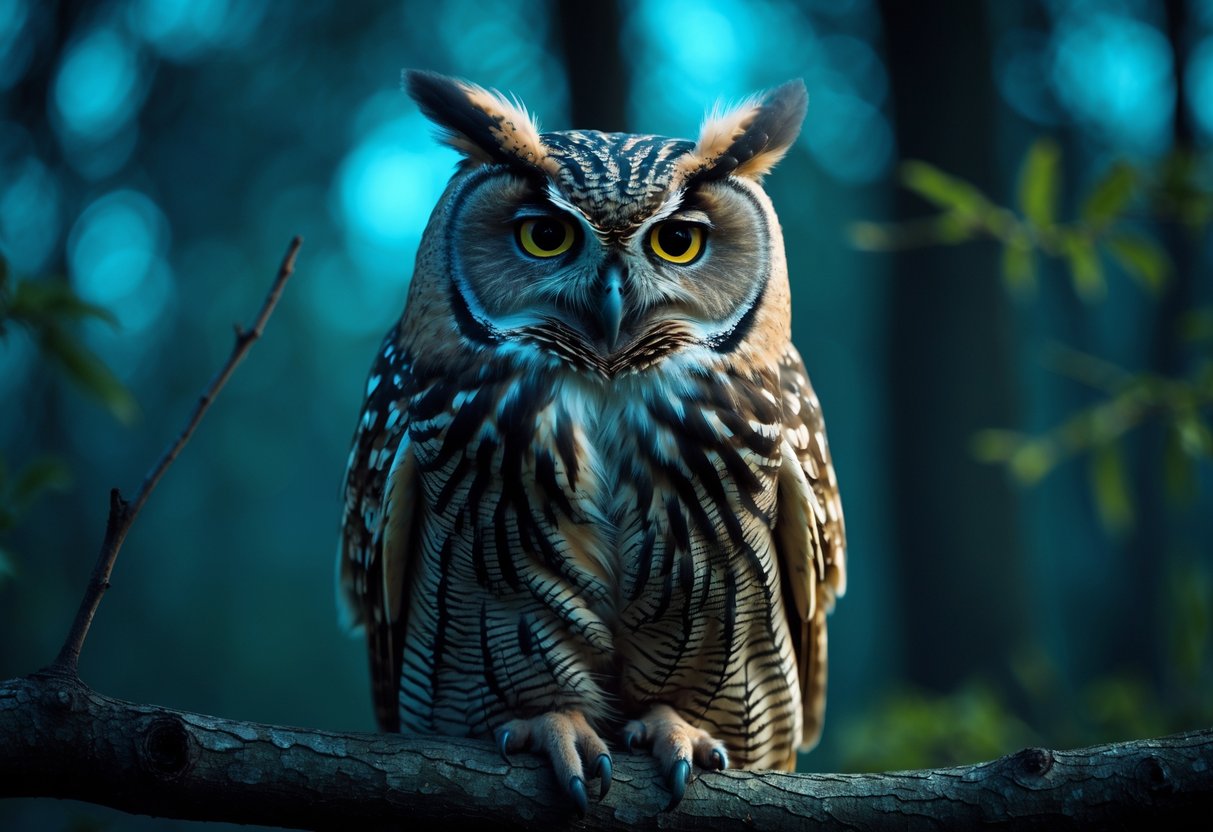 Close-up of an owl perched on a branch in a forest at twilight, with intense eyes and ruffled feathers.