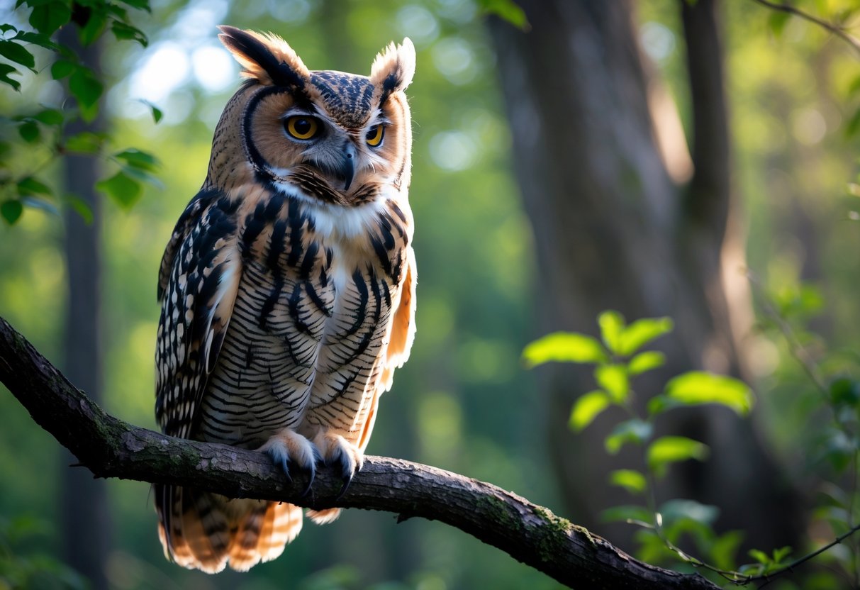 Close-up of an owl perched on a branch in a forest with green foliage in the background.