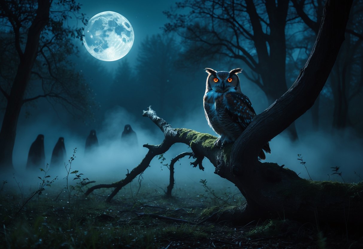 A large owl with glowing red eyes perched on a tree branch in a dark forest at night with mist and ghostly shapes in the background.
