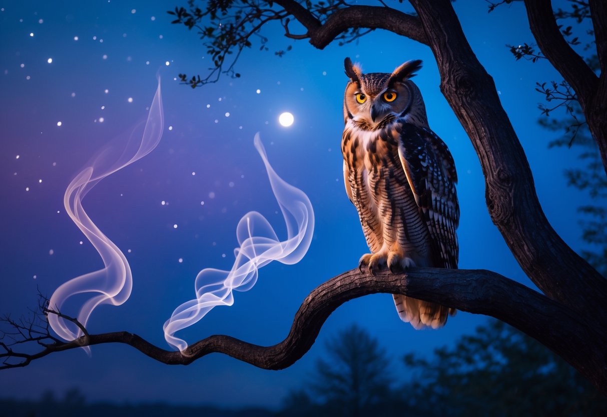 An owl with glowing amber eyes perched on a tree branch at twilight, surrounded by faint mist shapes and a starry sky.