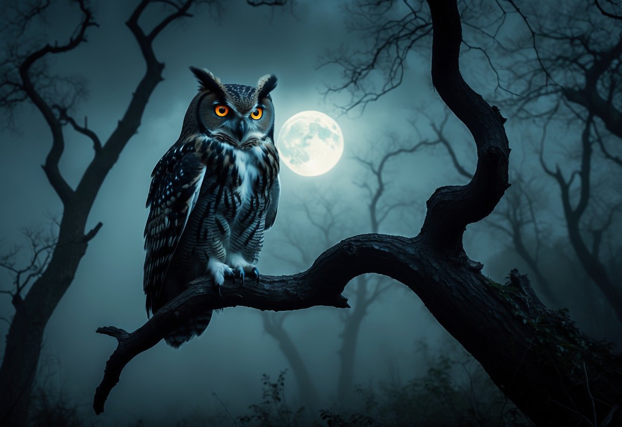 A large owl with glowing eyes perched on a twisted tree branch in a dark, foggy forest at night.