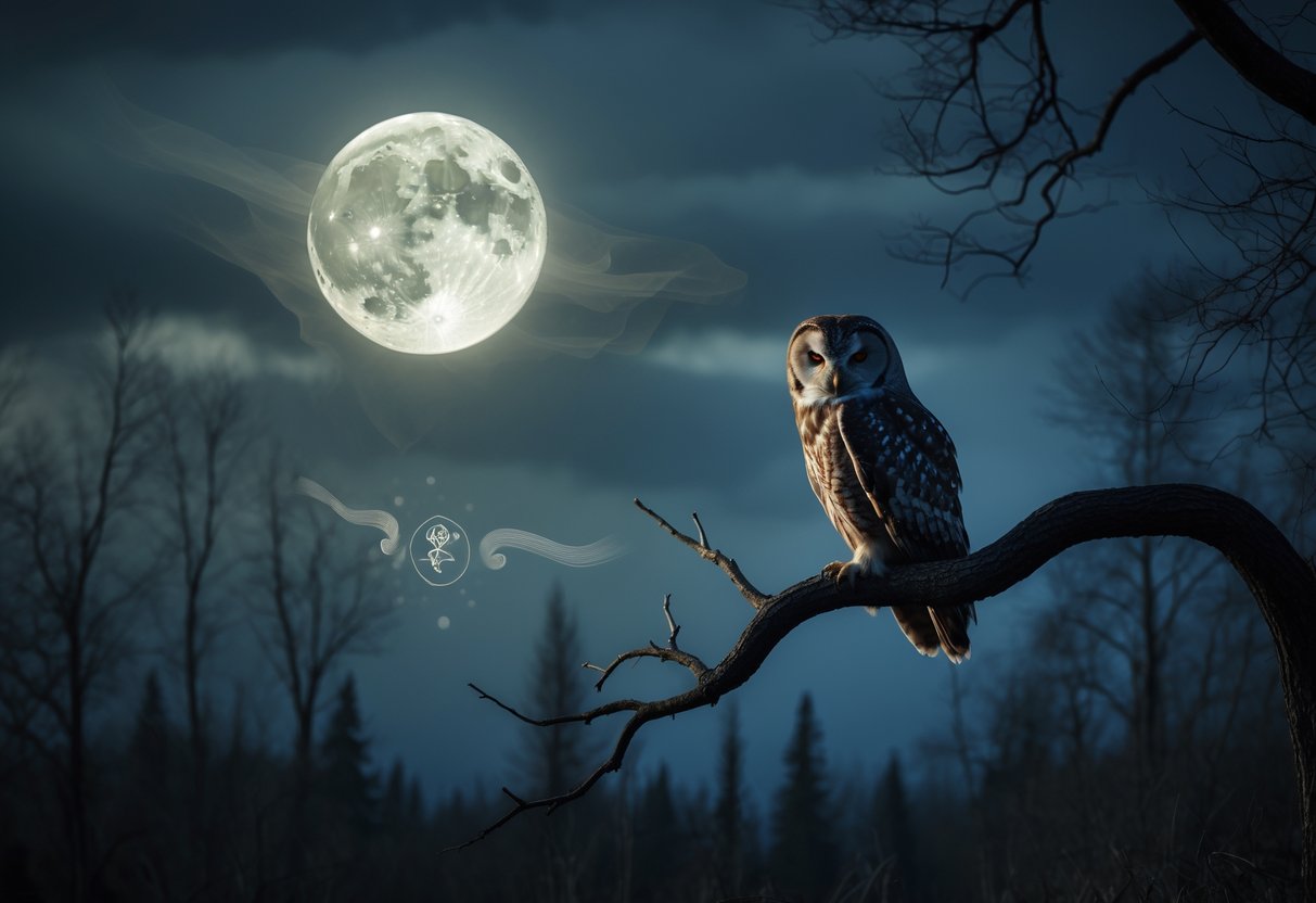 A solitary owl with glowing eyes perched on a barren tree branch at night under a full moon, surrounded by shadowy forest and faint symbolic shapes.