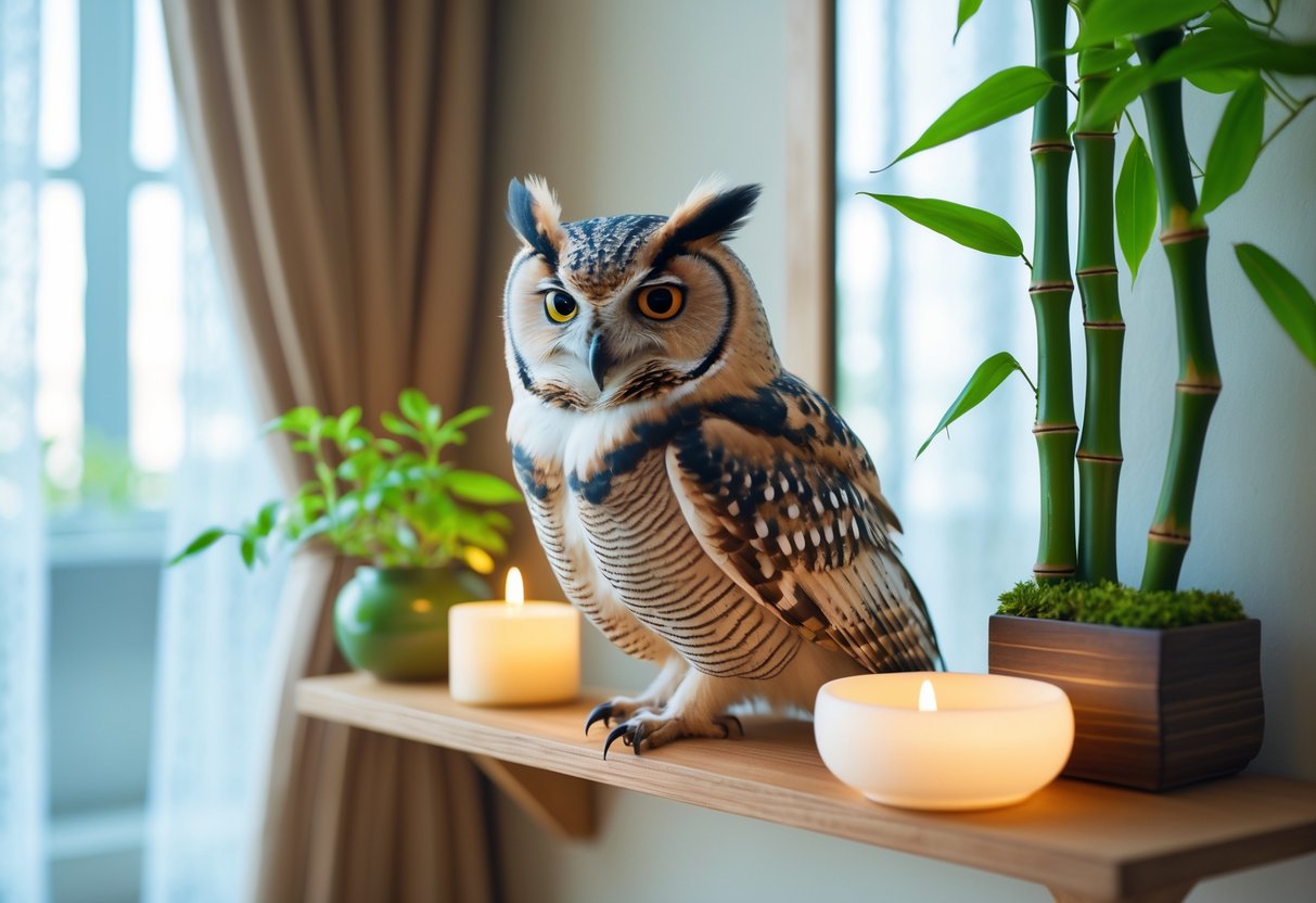An owl perched on a wooden shelf near a window in a cozy room with plants and a candle.