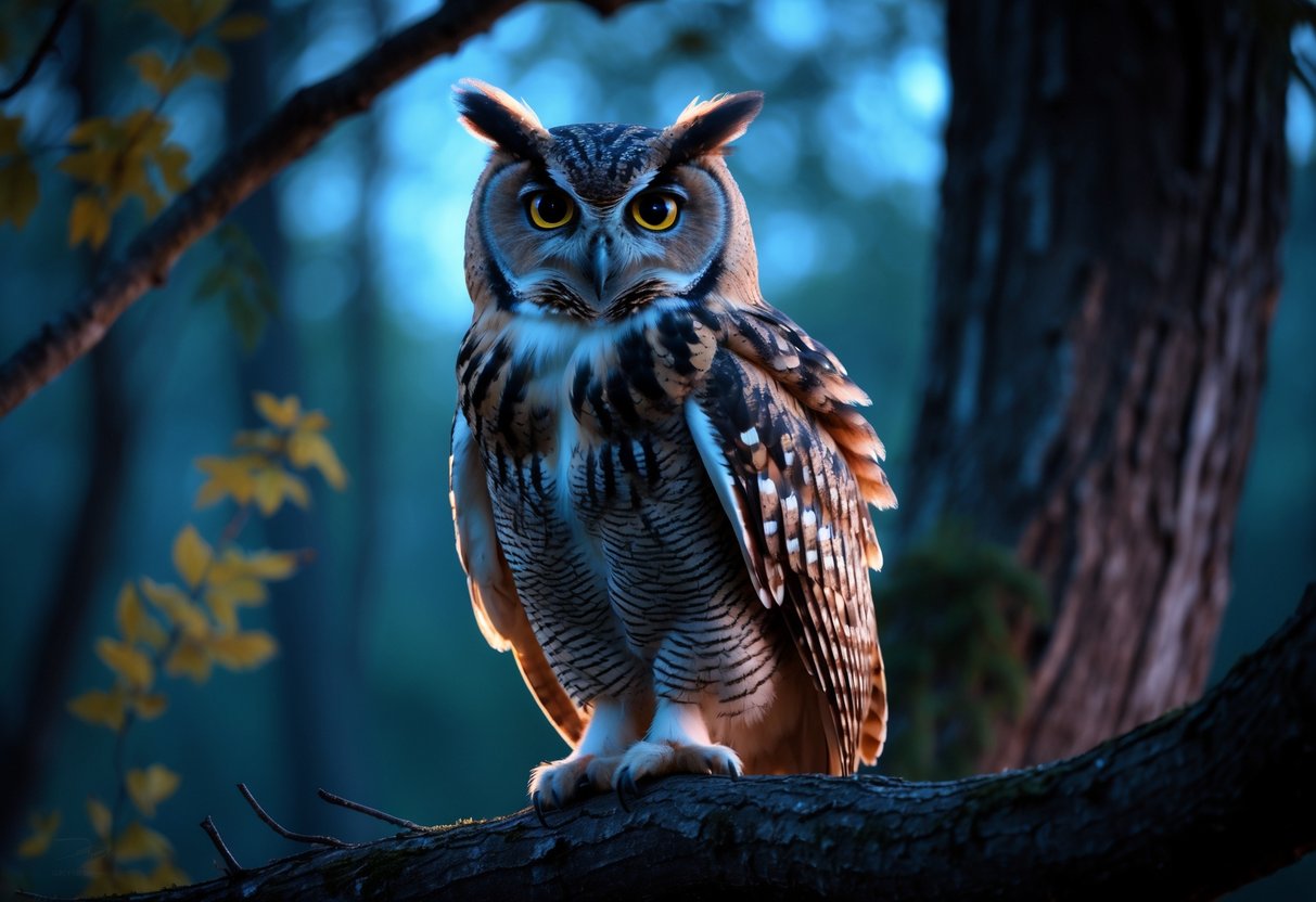 An owl perched on a tree branch in a forest at twilight, symbolizing wisdom.