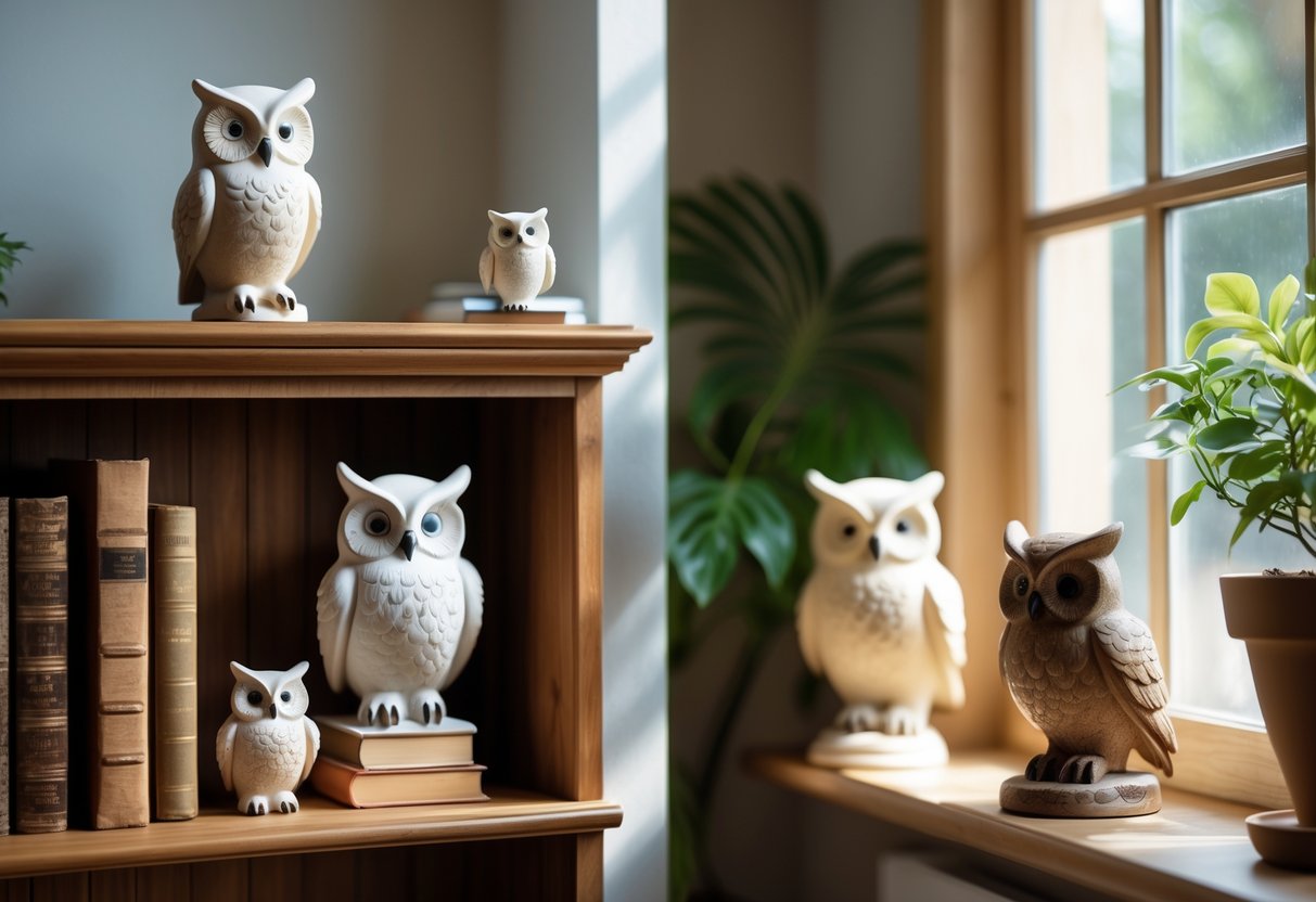 A cozy indoor scene showing various owl figurines placed on a bookshelf, side table, and windowsill, symbolizing good luck.