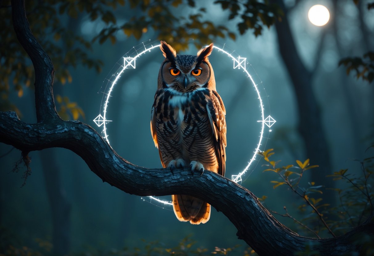 An owl perched on a tree branch at dusk with glowing eyes and faint mystical symbols in the background.