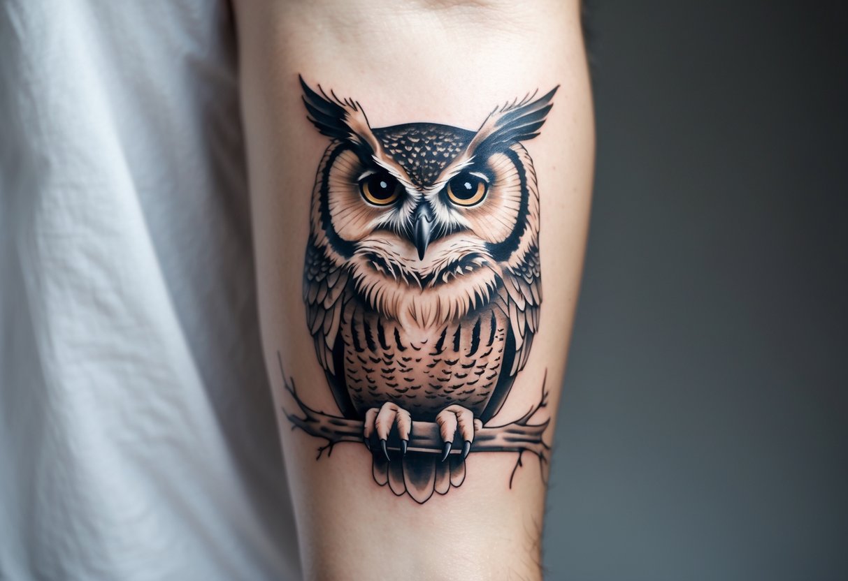 Close-up of a forearm with a detailed owl tattoo, showing the intricate design of the bird's feathers and eyes.