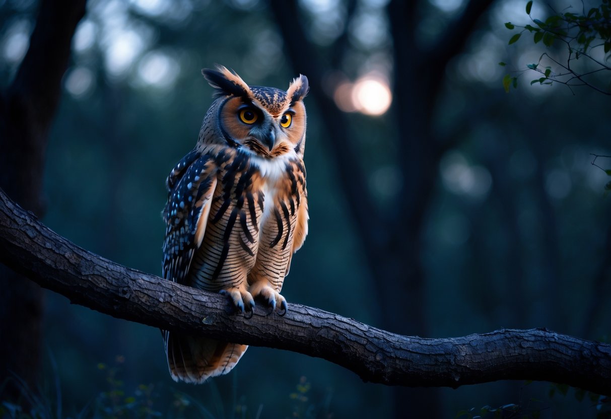 An owl perched on a tree branch looking cautiously to the side in a dim forest at dusk.