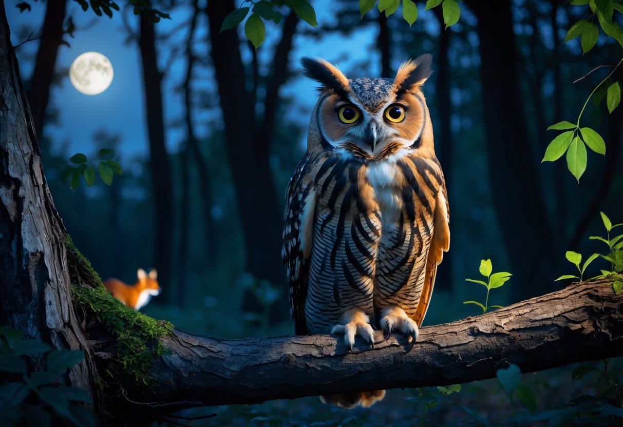 An owl perched on a tree branch in a forest at twilight, surrounded by shadows of small animals and moonlight filtering through trees.