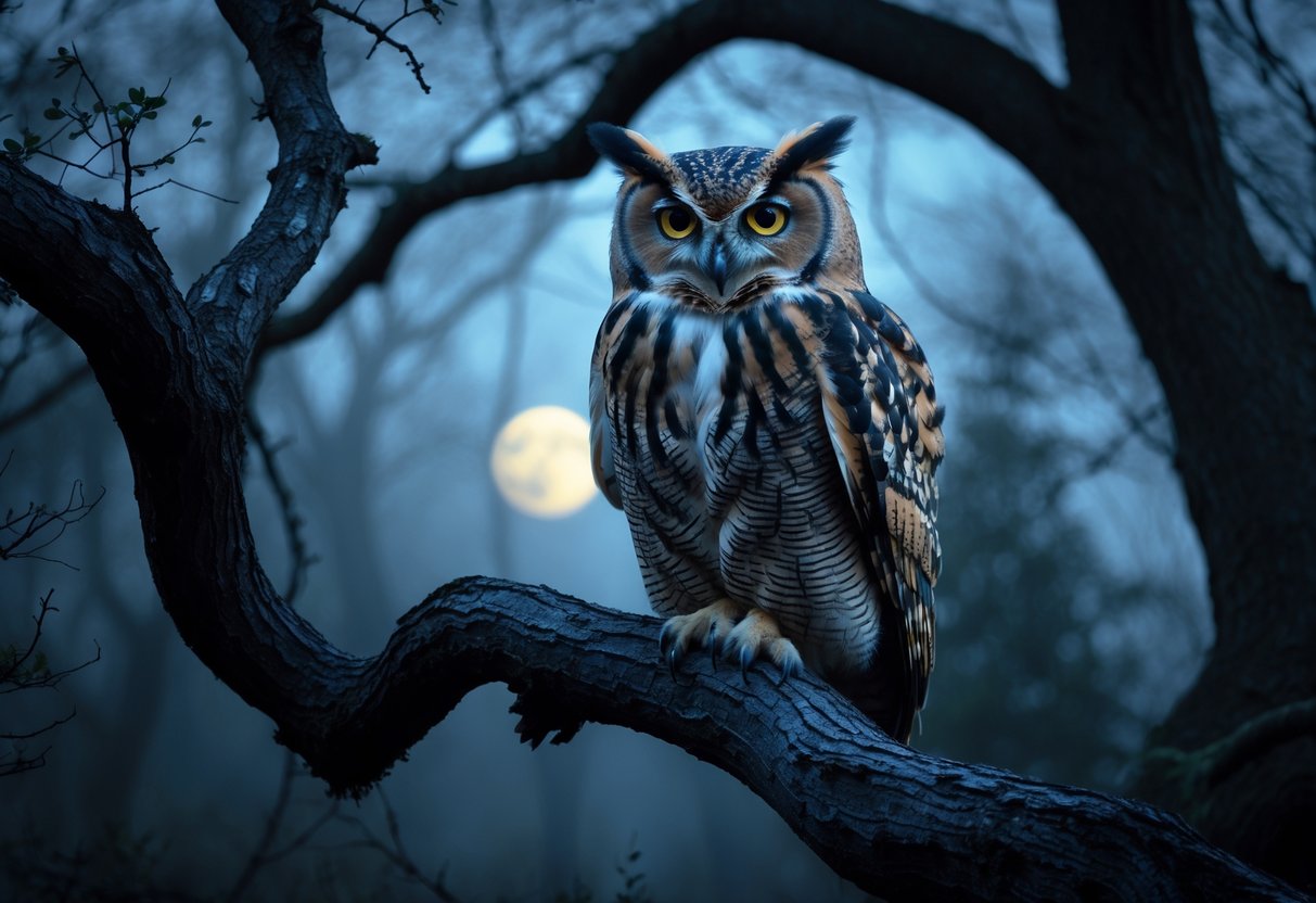 An owl perched on a tree branch in a misty forest at twilight with glowing eyes.