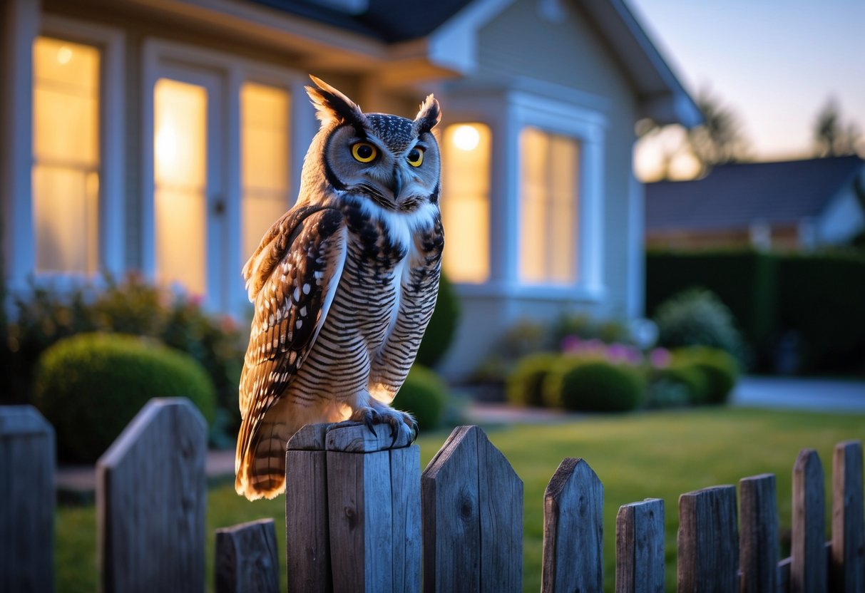 An owl perched on a wooden fence outside a house at dusk.