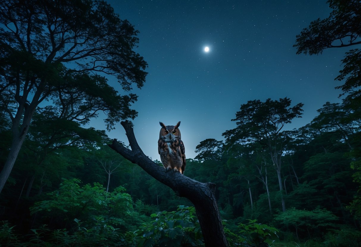 An owl perched on a tree branch in a quiet forest at night with a clear starry sky.