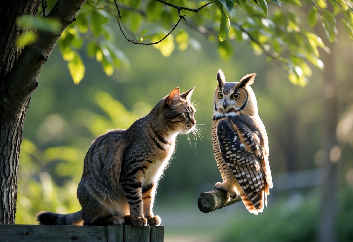 A cat sitting on a fence post and an owl perched on a nearby tree branch, both looking at each other in a natural outdoor setting.