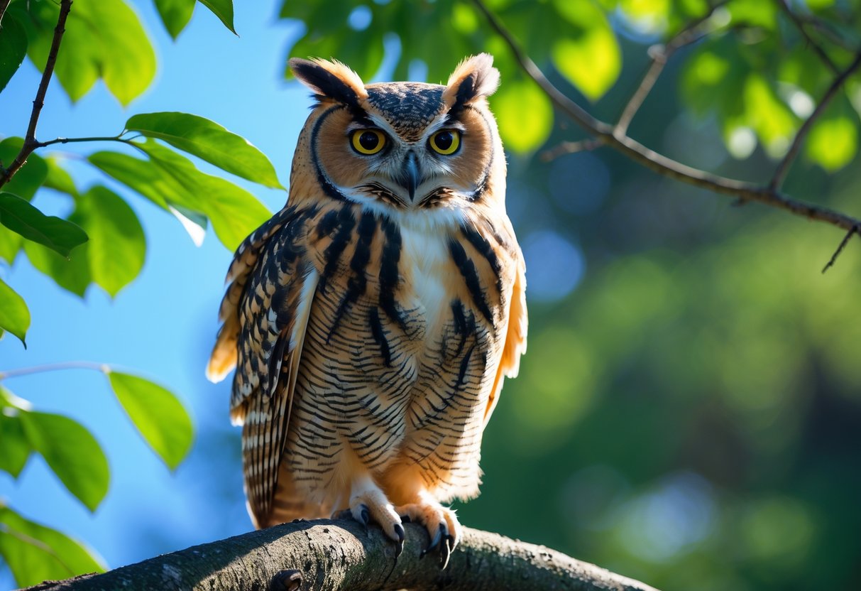 An owl perched on a tree branch in a sunlit forest during the day.