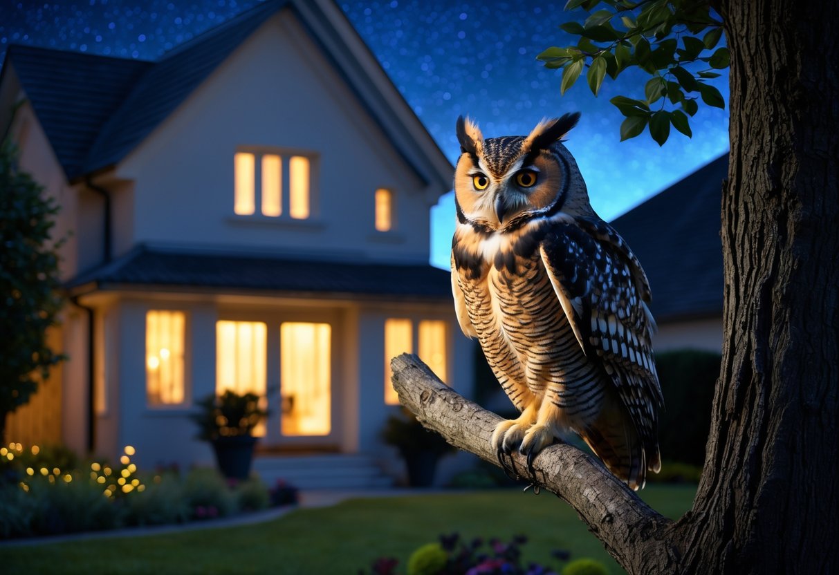 An owl perched on a tree branch near a house at night with glowing windows and a starry sky.