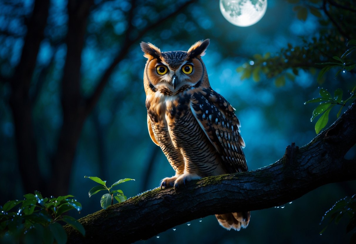 A close-up of an owl perched on a tree branch at night in a forest, with moonlight illuminating its feathers and surrounding leaves.