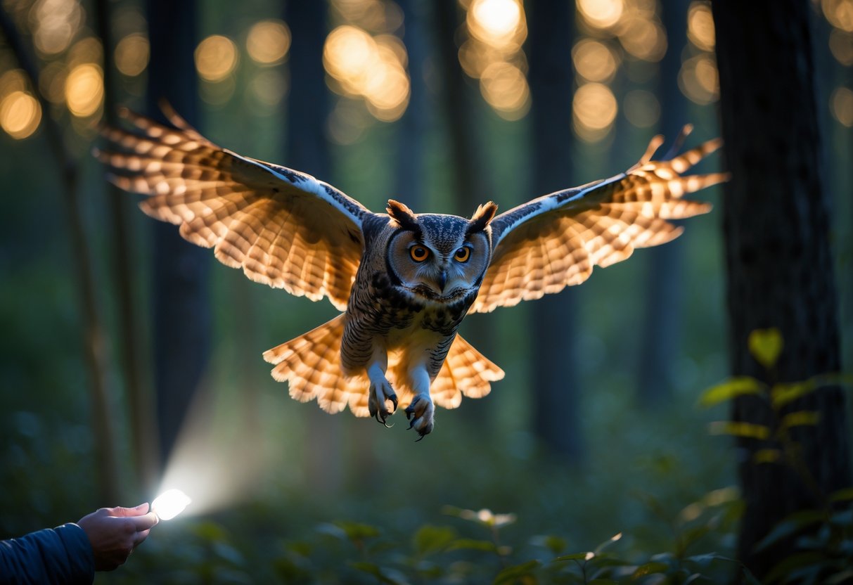 An owl flying away with wings spread in a forest as a hand holding a bright object causes it to take off.