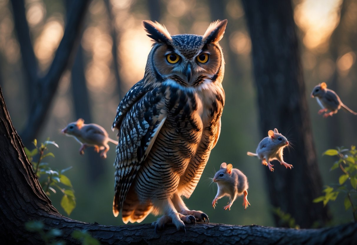 An owl perched on a tree branch with small animals like mice and birds moving away around it in a forest setting.