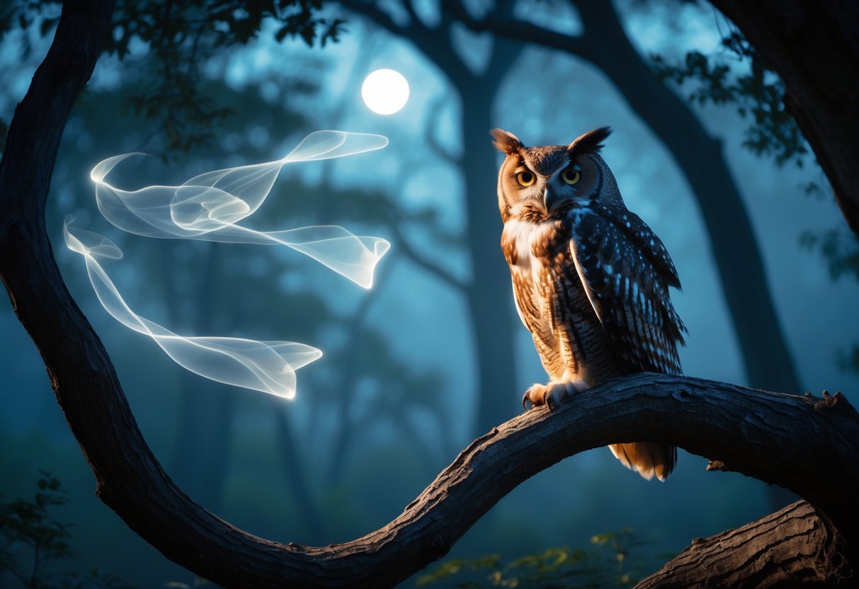 An owl perched on a tree branch at twilight with misty forest and soft glowing light around it.