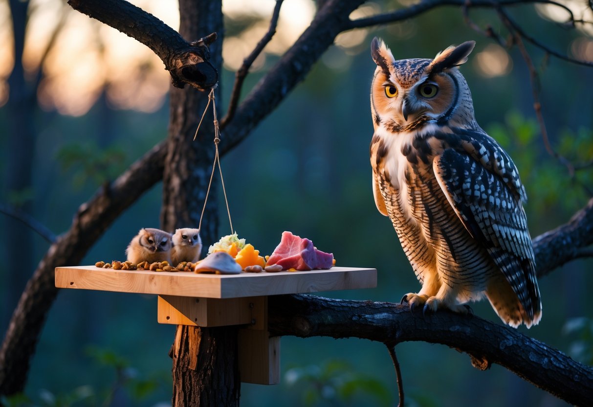 An owl perched on a tree branch near a wooden platform with food placed for it in a forest at dusk.