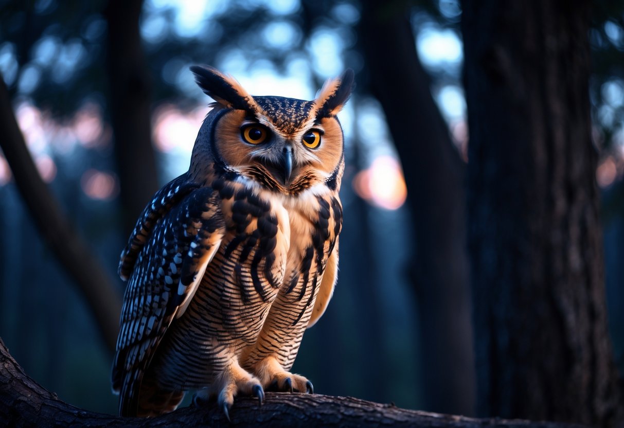 A close-up of an owl perched on a tree branch at dusk with its beak open as if hooting.