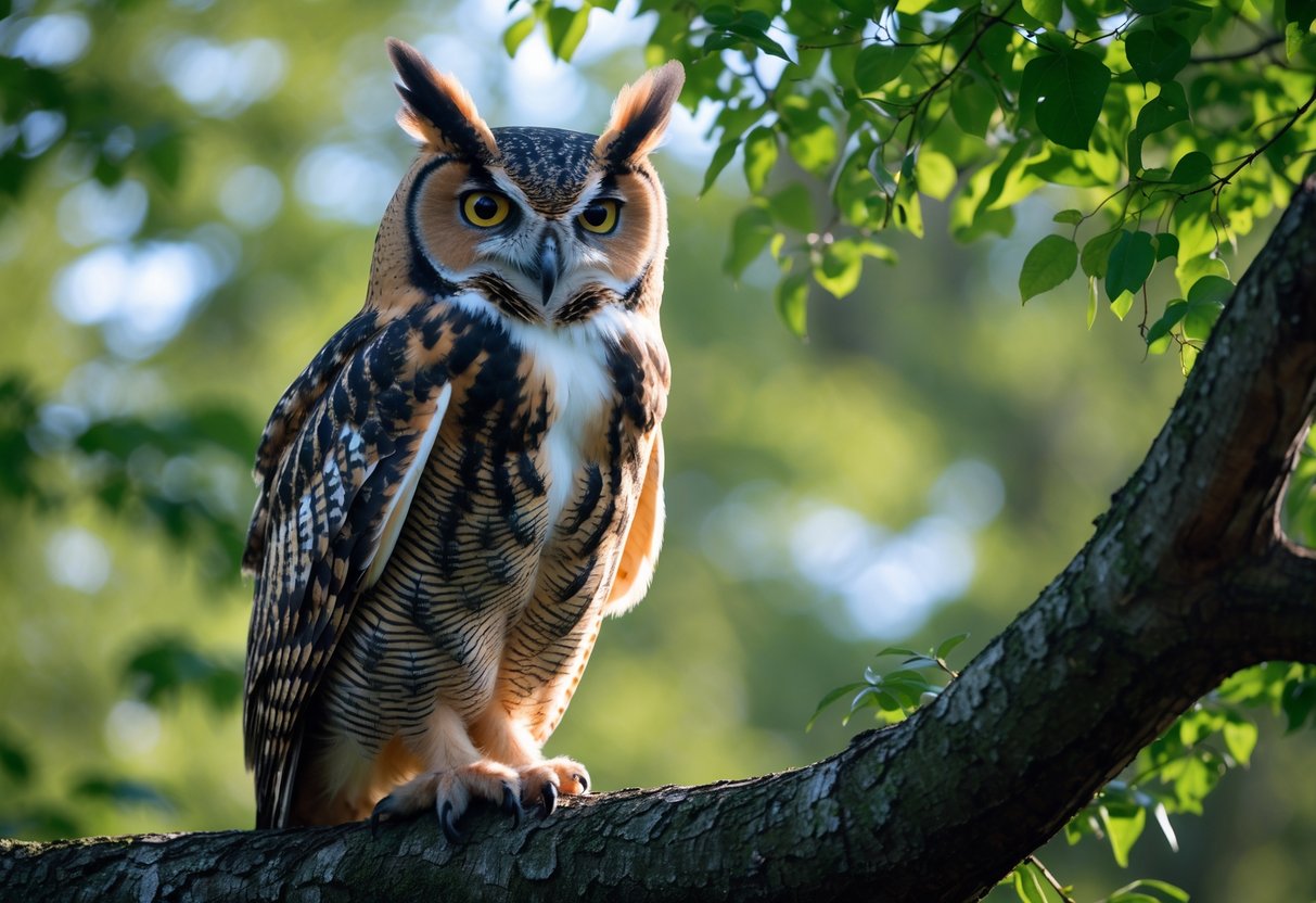 Close-up of a great horned owl perched on a tree branch in a forest with green leaves around it.