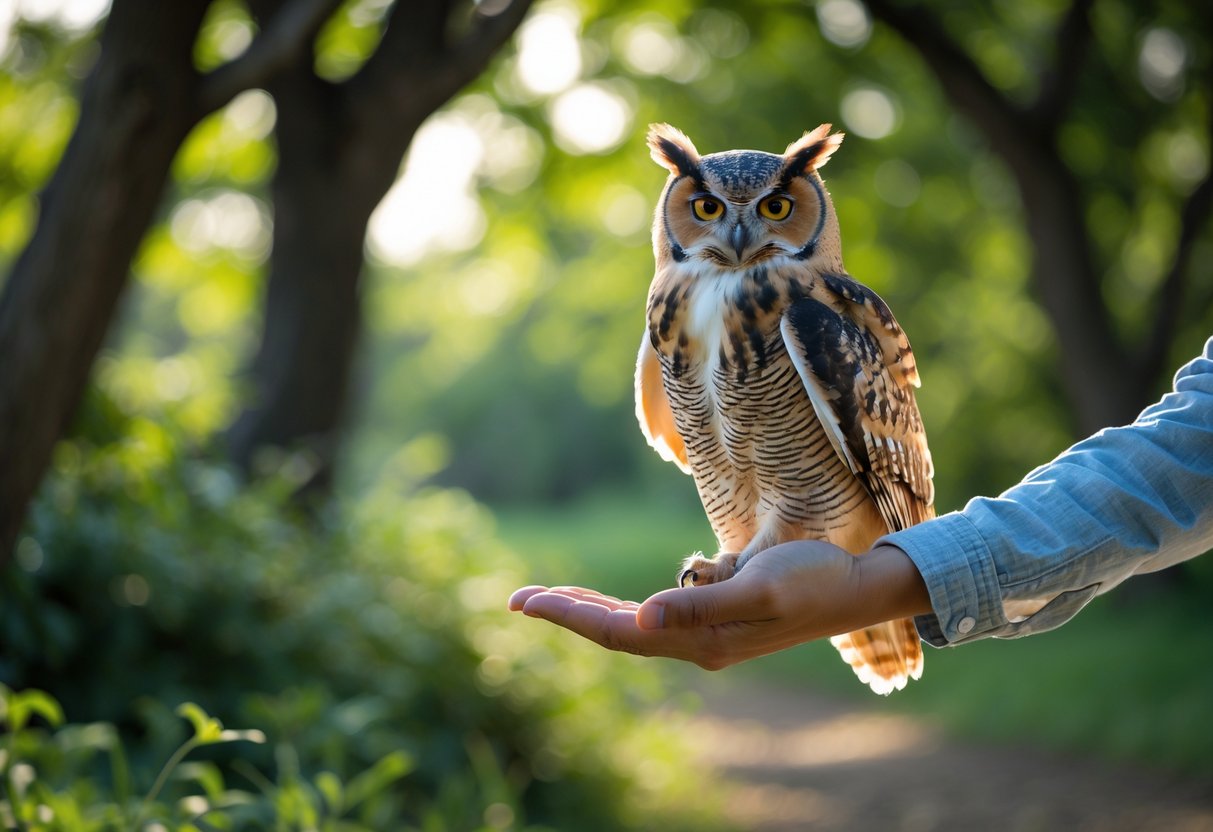 A person holding a calm owl perched on their hand in a green outdoor setting.