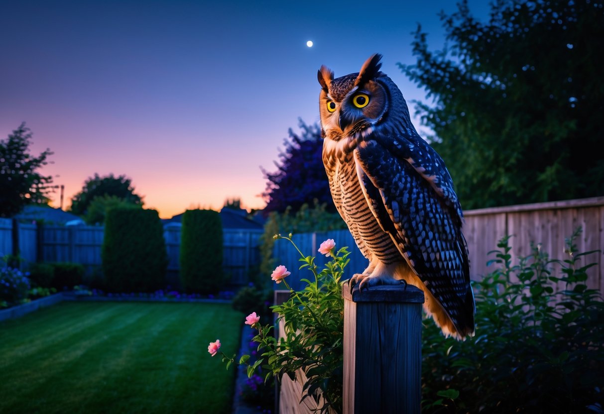 An owl perched on a wooden fence post in a suburban backyard at dusk with plants and flowers around.