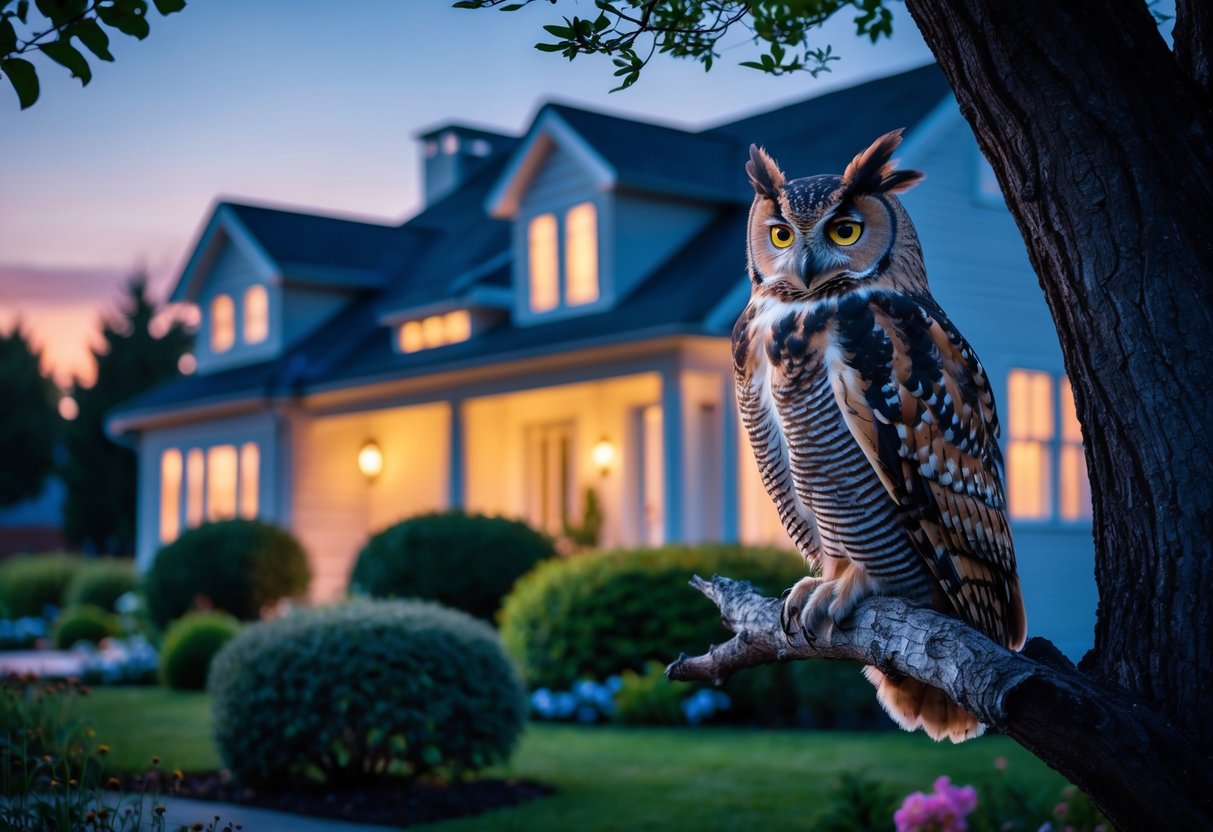 An owl perched on a tree branch near a suburban house at dusk with lights glowing from the windows.