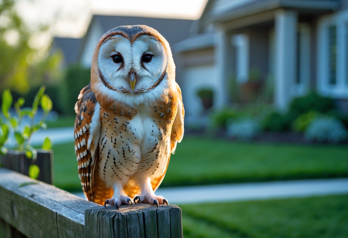 A barn owl perched on a wooden fence post in a backyard near a house.
