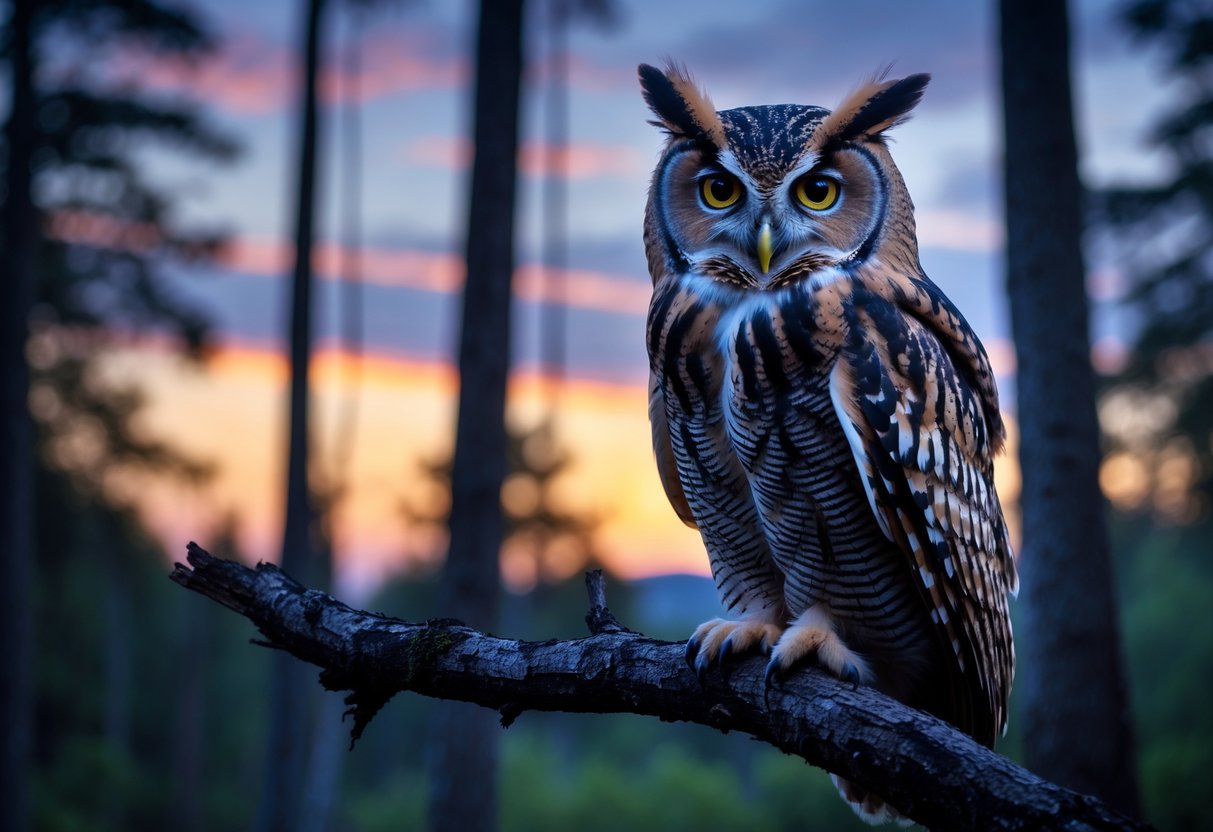 An owl perched on a tree branch in a forest at dusk, looking alert with large eyes.