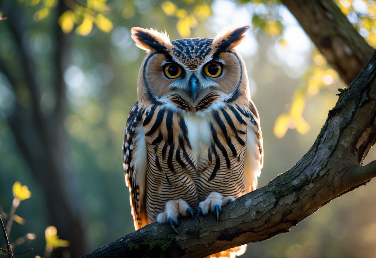 An owl perched on a tree branch in daylight with its eyes wide open, surrounded by a forest background.
