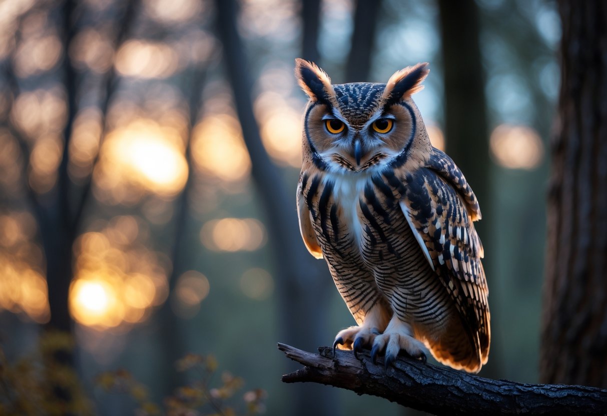 An owl perched on a tree branch at dusk with its beak open as if hooting, surrounded by a forest background.