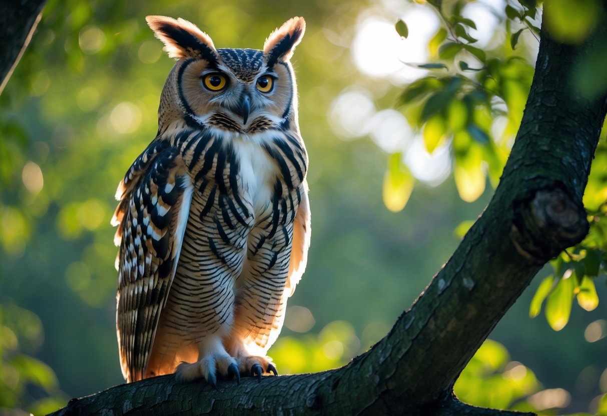 An owl perched on a tree branch in a sunlit forest, looking alert with clear eyes.