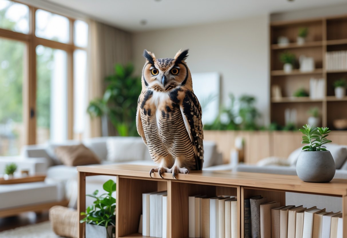 An owl perched on a bookshelf inside a bright, modern living room.