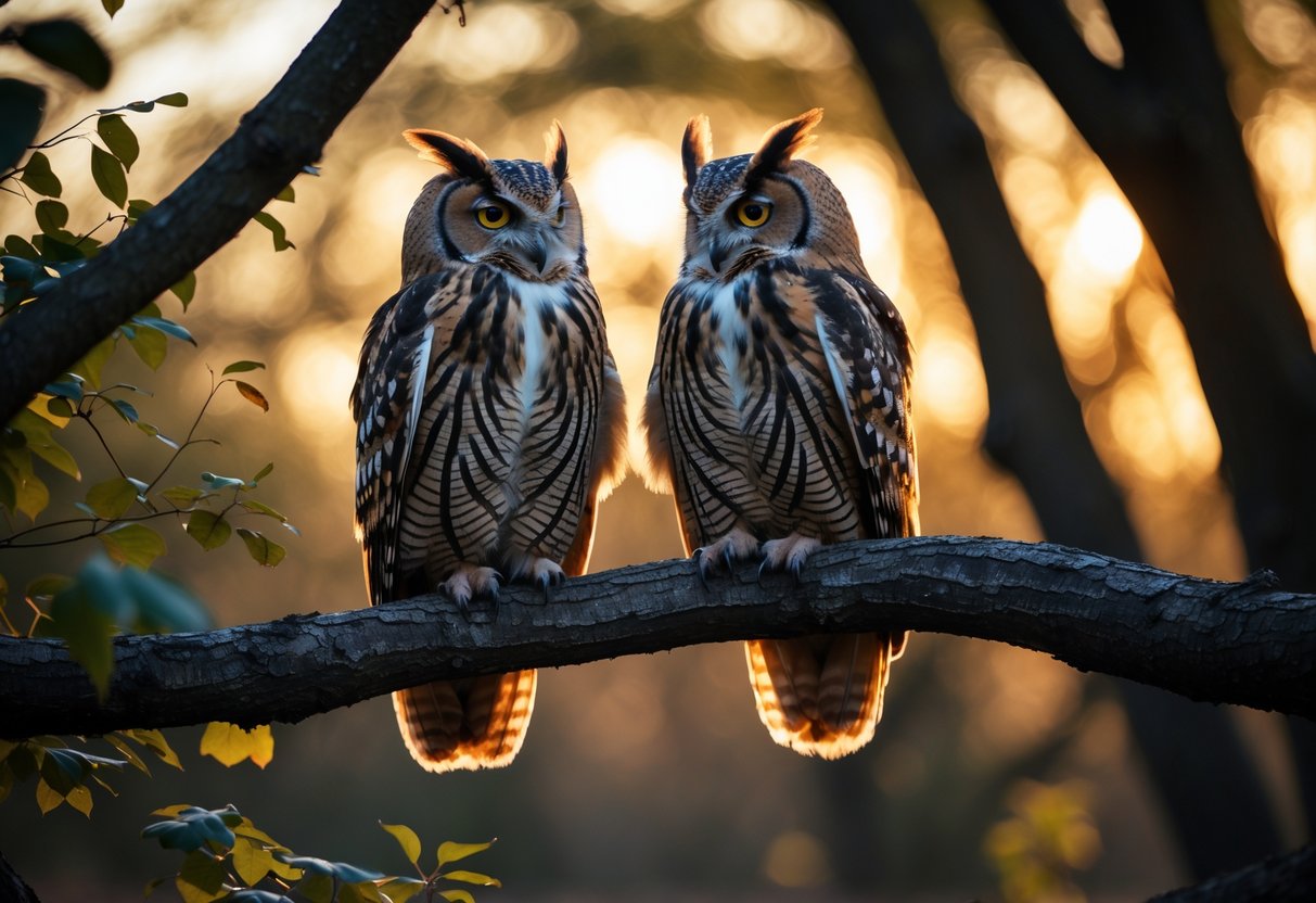 Two owls perched on a tree branch at dusk, appearing to communicate with each other.