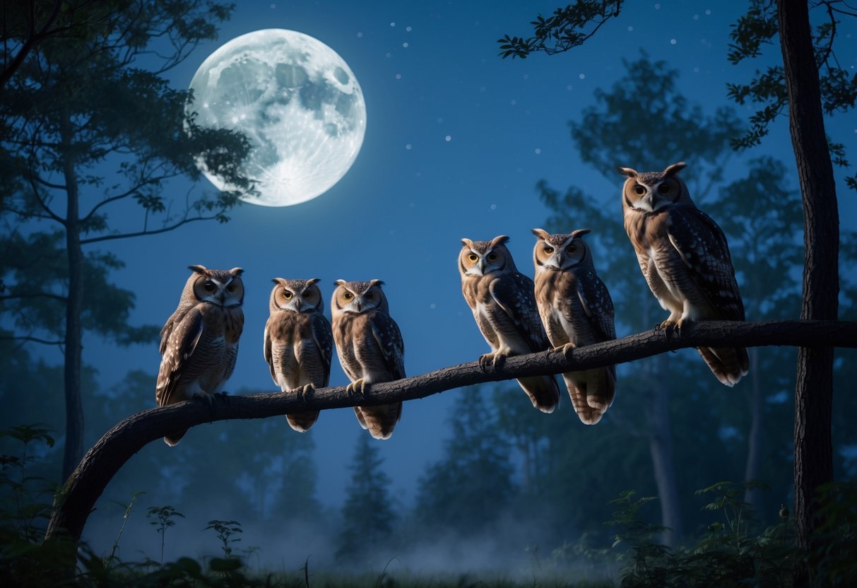 Several owls perched on tree branches at night under a full moon in a forest.
