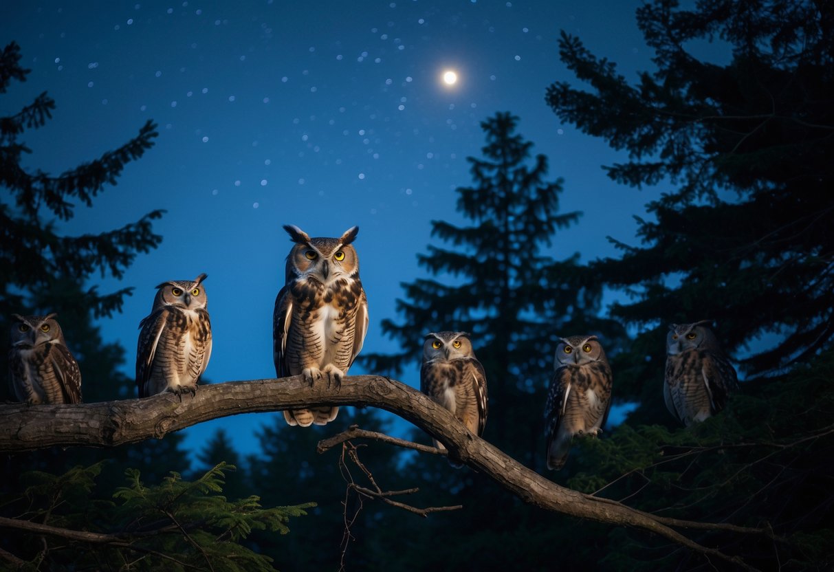 A group of owls perched on tree branches in a dark forest at night, with one owl hooting.
