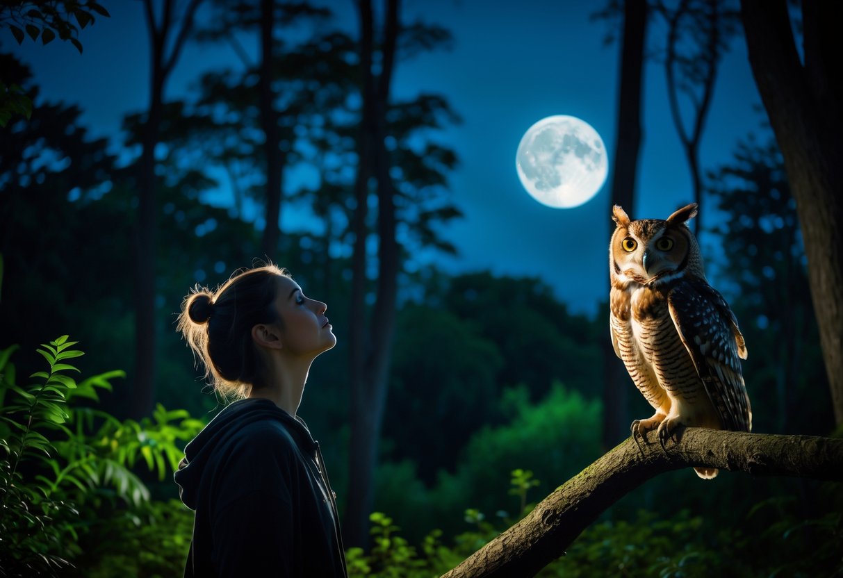 A person standing in a forest at night, looking up at an owl perched on a tree branch.