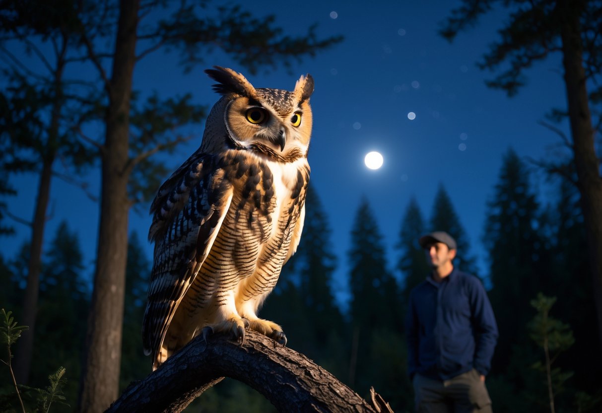 An owl perched on a tree branch at night with a person watching quietly from a distance in a forest.