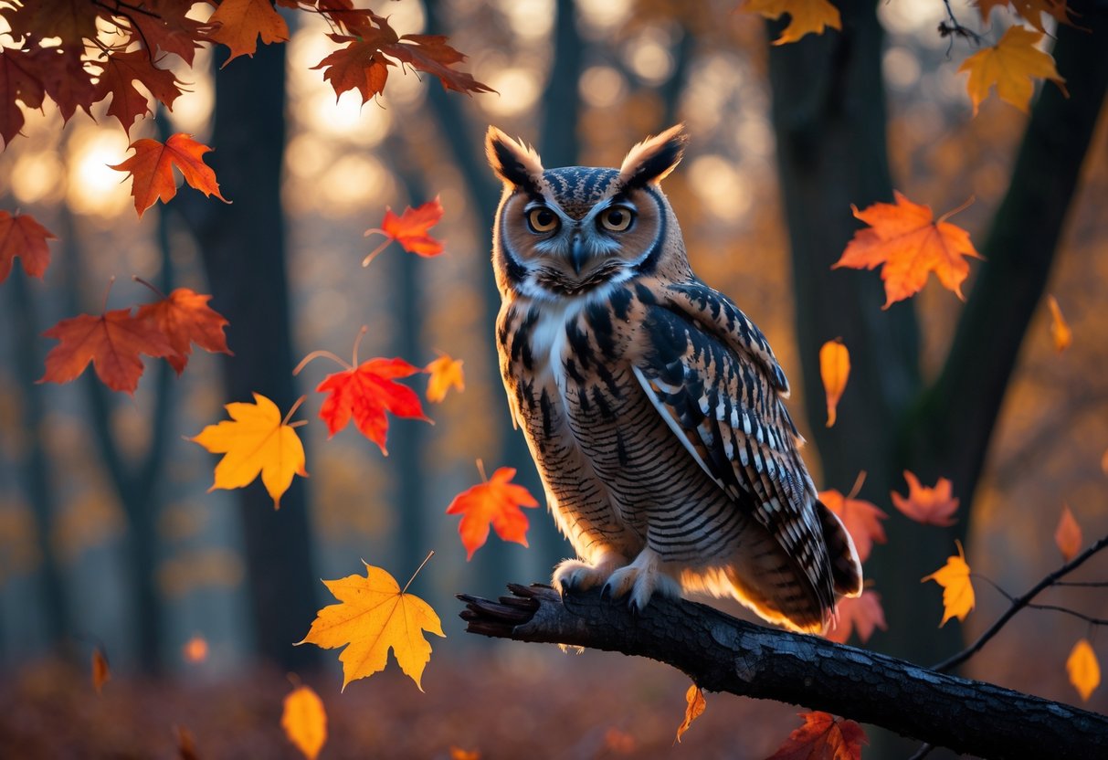 An owl perched on a tree branch calling in an autumn forest with colorful fall leaves around it.